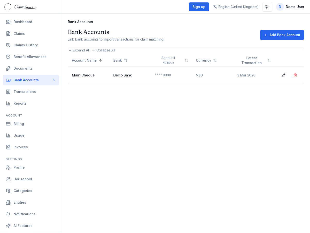 ClaimStation Bank Accounts